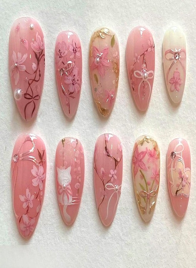 WAFOLOZE Almond Shape Press on Nails Medium Fake Nails with 3D Line Flower Bow Pearl Diamond Handmade Designs Acrylic Glue on False Nails Artificial Nail Press Ons Stick On Nails for Women 24Pcs - Image 1